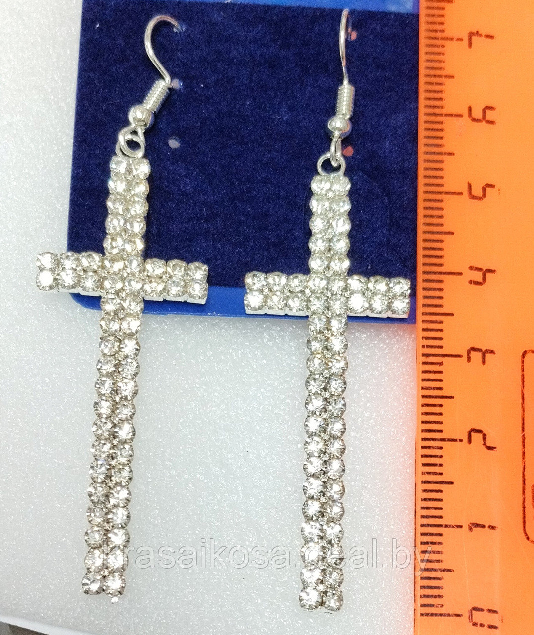 Серьги Крестики со стразами женские длинные серебристые бижутерия Кресты - фото 1 - id-p147126503