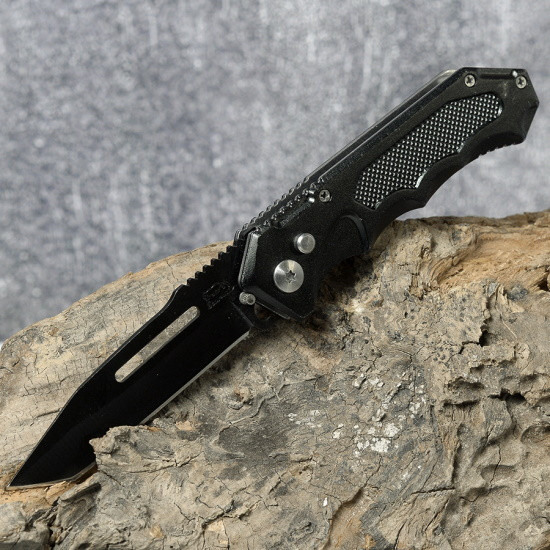Нож складной черный с прорезью в лезвии AC-806-18 - фото 1 - id-p198592098