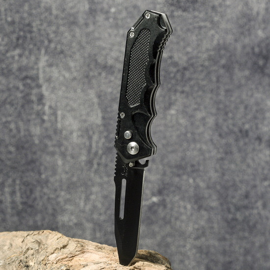 Нож складной черный с прорезью в лезвии AC-806-18 - фото 4 - id-p198592098
