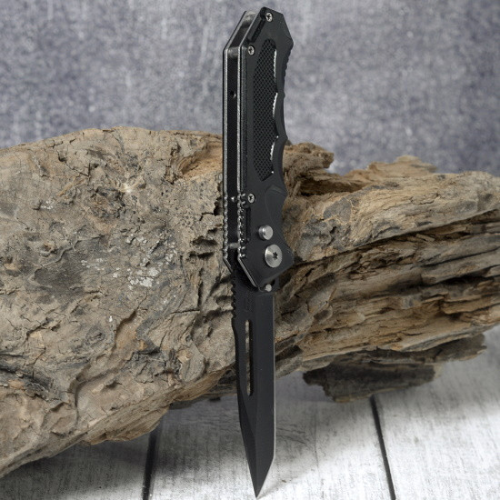 Нож складной черный с прорезью в лезвии AC-806-18 - фото 6 - id-p198592098