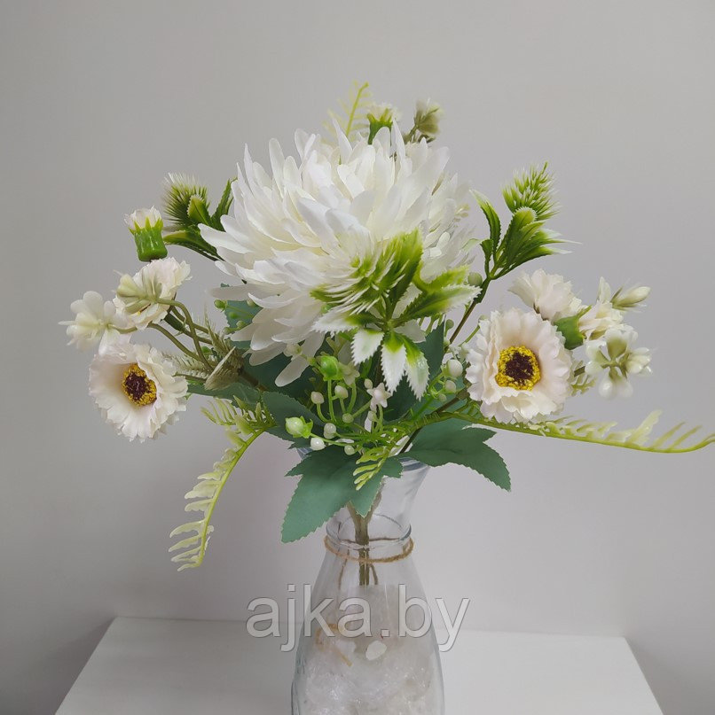 Букет декоративный с хризантемой 32 см, белый - фото 1 - id-p198605804
