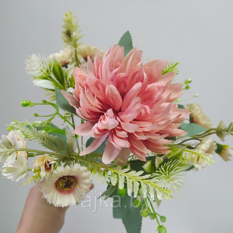 Букет декоративный с хризантемой 32 см, фламинго - фото 1 - id-p198607430