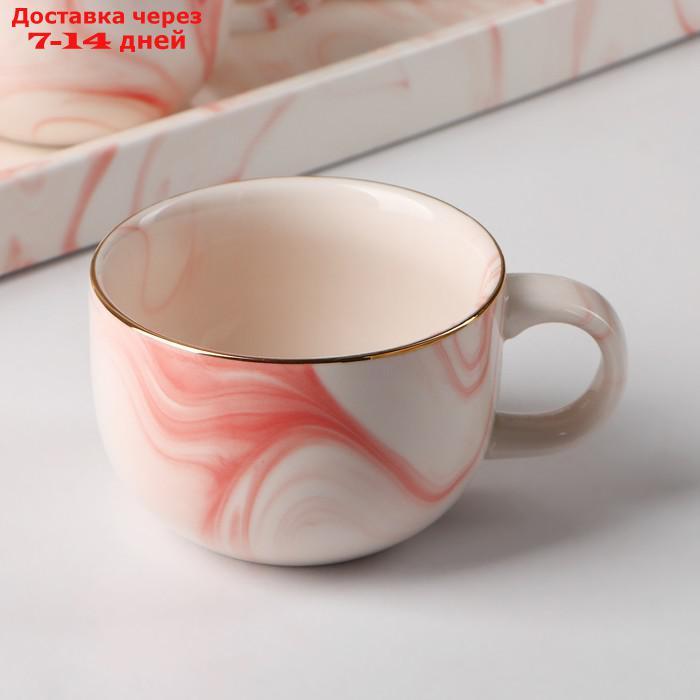 Набор чайный "Мрамор", 5 предметов: чайник 800 мл, 4 кружки 170 мл, подставка 31×21 см, цвет розовый - фото 2 - id-p198560104