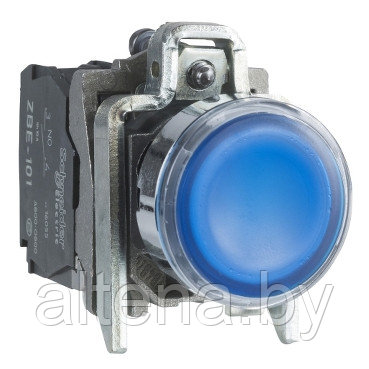 Кнопка с подсветкой, металл, скрытый, синий, Ø22, пружинный возврат, 110...120 V AC, 1 НО + 1 НЗ - фото 1 - id-p198774584
