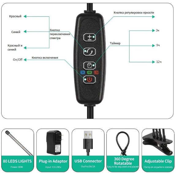 Светодиодная Фитолампа полного спектра для растений и рассады 40Вт на прищепке (3 режима работы) - фото 5 - id-p198778516