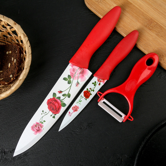Набор кухонный Доляна «Нарцисс», 3 предмета: 2 ножа с антиналипающим покрытием, лезвие 12 см, овощечистка, - фото 1 - id-p198792037