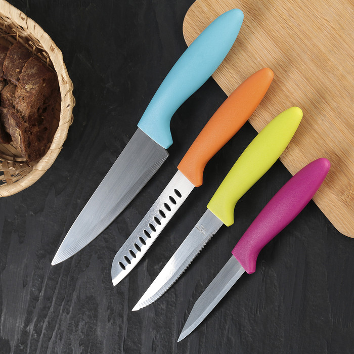 Набор кухонных ножей, лезвие: 15 см, 11,5 см, 11 см, 8 см, на подставке, цвет МИКС - фото 2 - id-p198792046
