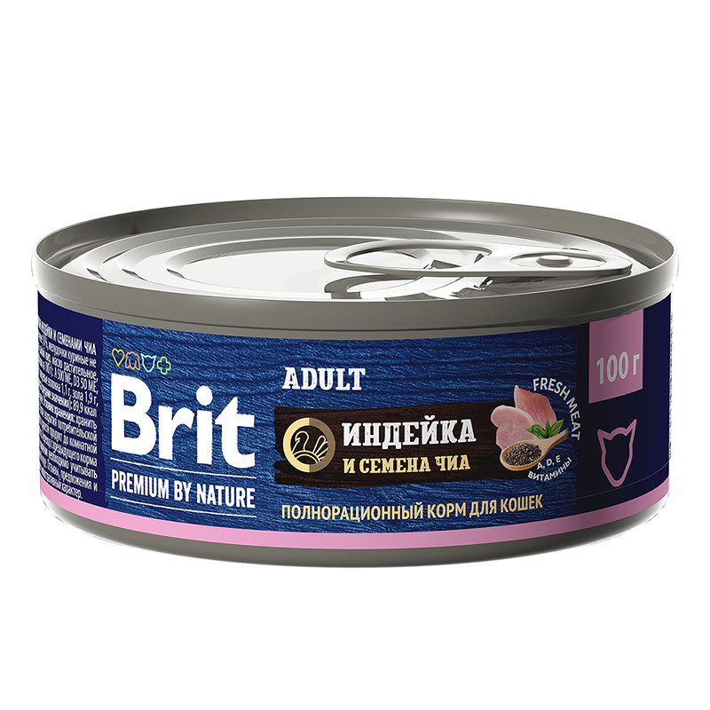 "Brit" Premium Консервы для кошек с мясом индейки и семенами чиа 100г - фото 1 - id-p198812526