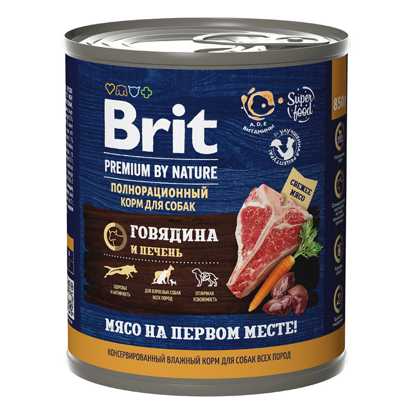 "Brit" Premium Консервы для взрослых собак всех пород с говядиной и печенью 850г - фото 1 - id-p198893366