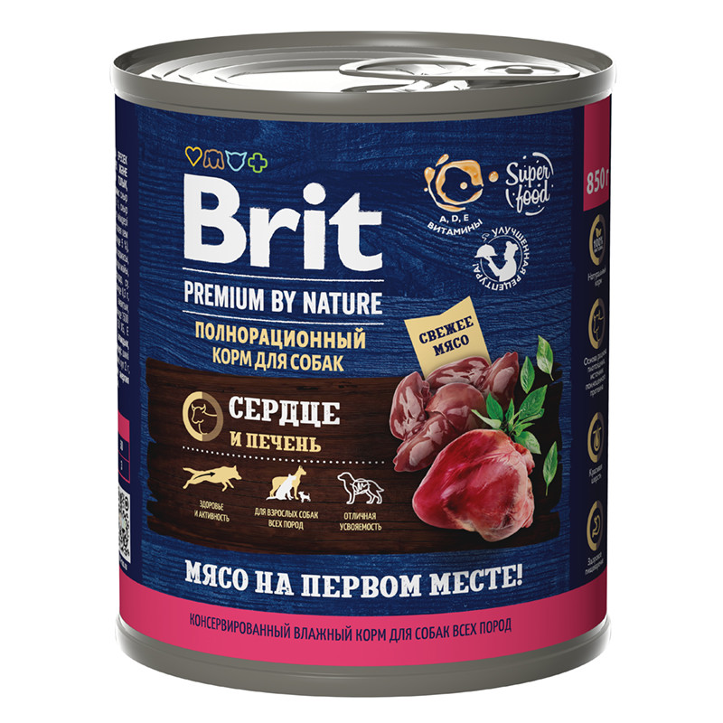"Brit" Premium Консервы для взрослых собак всех пород с сердцем и печенью 850г - фото 1 - id-p198930152
