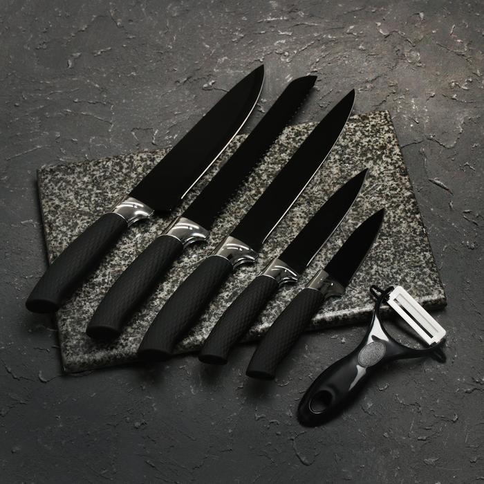 Набор «Тень», 6 предметов: ножи 19 см, 23 см, 32 см, 32 см, керамическая овощечистка, 32×4 см, цвет чёрный - фото 1 - id-p198936579