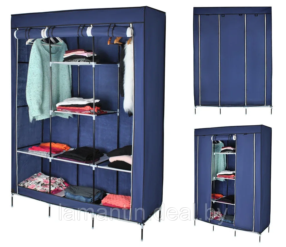 Шкаф складной каркасный тканевый STORAGE WARDROBE (YG - 05) Трехсекционный (Синий) - фото 1 - id-p165970357