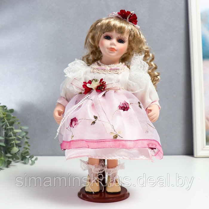 Кукла коллекционная керамика "Агата в бело-розовом платье и с цветами в волосах" 30 см - фото 1 - id-p199006496