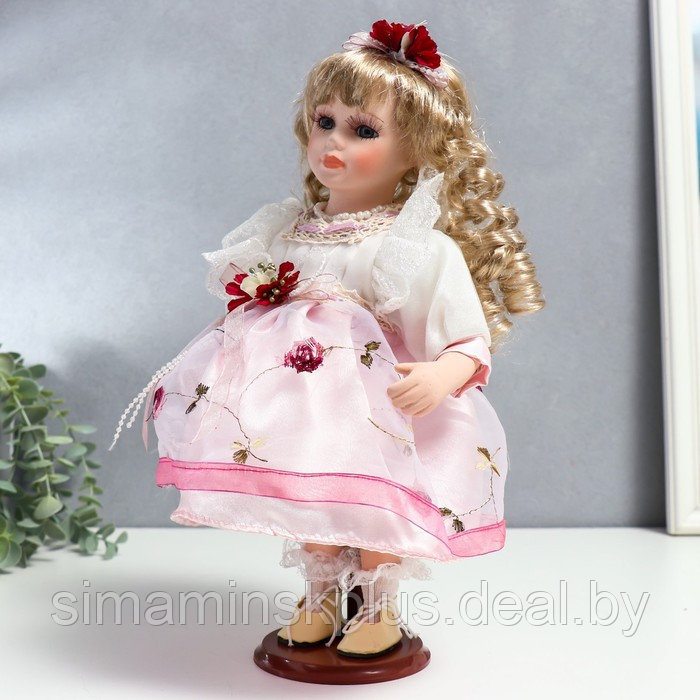 Кукла коллекционная керамика "Агата в бело-розовом платье и с цветами в волосах" 30 см - фото 3 - id-p199006496