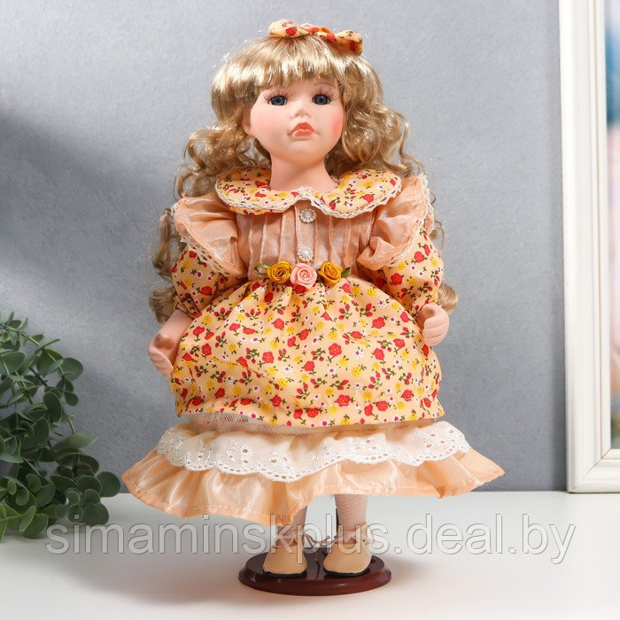 Кукла коллекционная керамика "Тося в кремовом платье с цветочками, с бантом в волосах" 30 см 75861 - фото 1 - id-p199006512