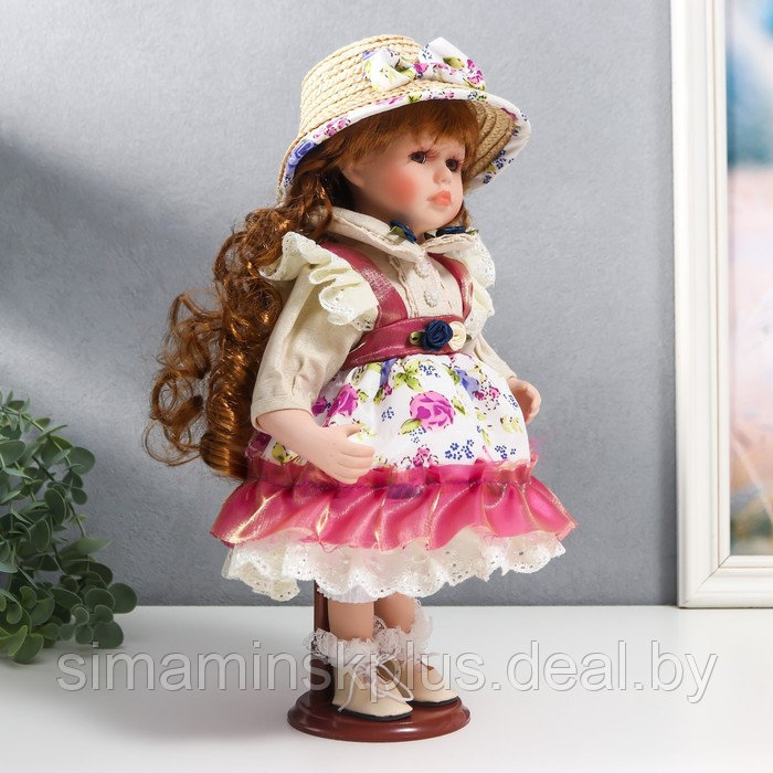 Кукла коллекционная керамика "Женечка в платье с цветами, в соломенной шляпке" 30 см - фото 2 - id-p199006518