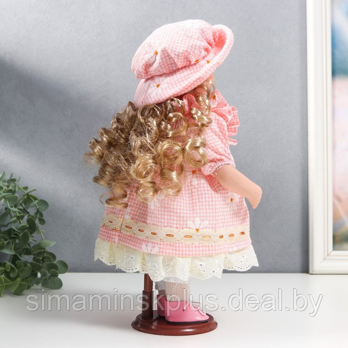 Кукла коллекционная керамика "Маша в розовом платье в клетку с ромашками, в шляпке" 30 см - фото 4 - id-p199006520