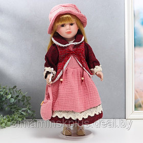 Кукла коллекционная керамика "Нина в розовом платье и бордовом жакете" 40 см