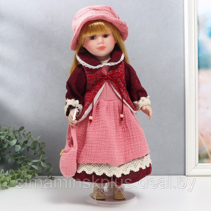 Кукла коллекционная керамика "Нина в розовом платье и бордовом жакете" 40 см - фото 1 - id-p199006523