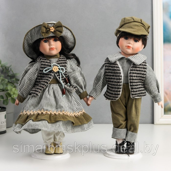 Кукла коллекционная парочка набор 2 шт "Марина и Паша в нарядах в зелёную полоску" 30 см - фото 1 - id-p199006539