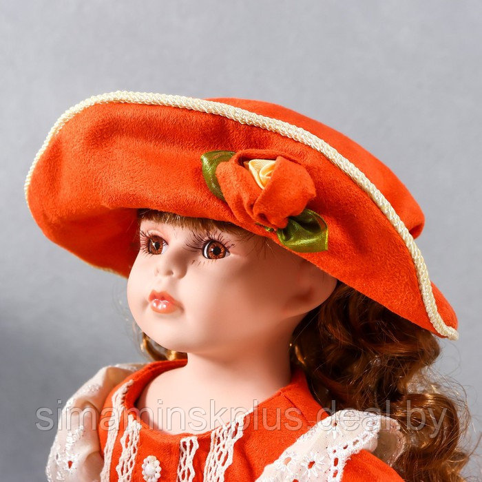 Кукла коллекционная керамика "Вера в ярко-оранжевом платье и шляпе с розами" 40 см - фото 4 - id-p199006546