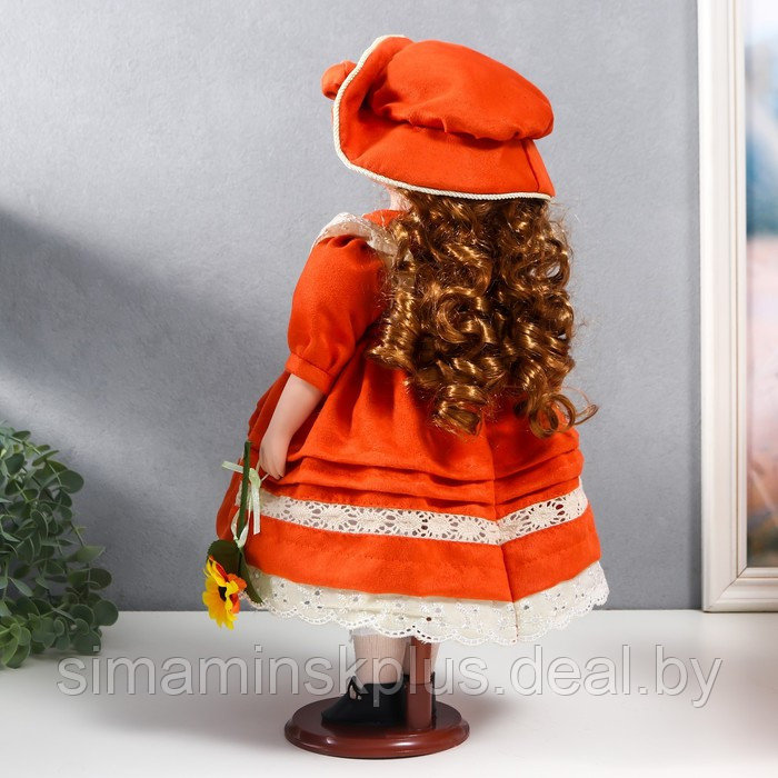 Кукла коллекционная керамика "Вера в ярко-оранжевом платье и шляпе с розами" 40 см - фото 5 - id-p199006546