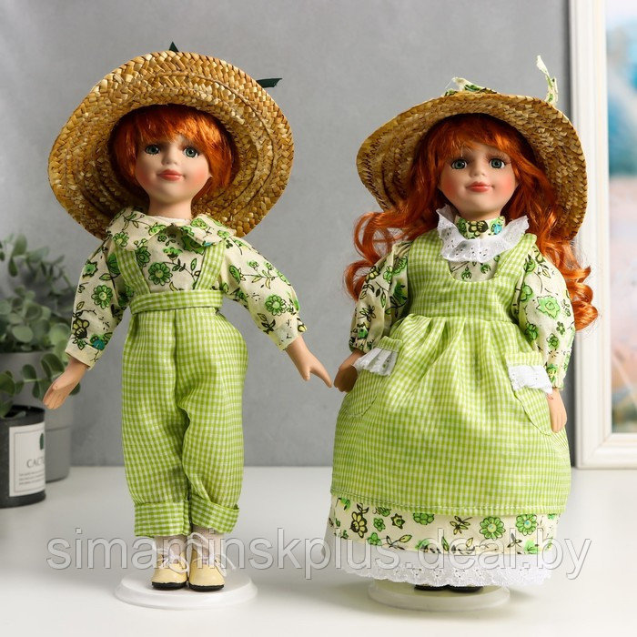 Кукла коллекционная парочка набор 2 шт "Таня и Ваня в ярко-зелёных нарядах в клетку" 30 см - фото 1 - id-p199006550