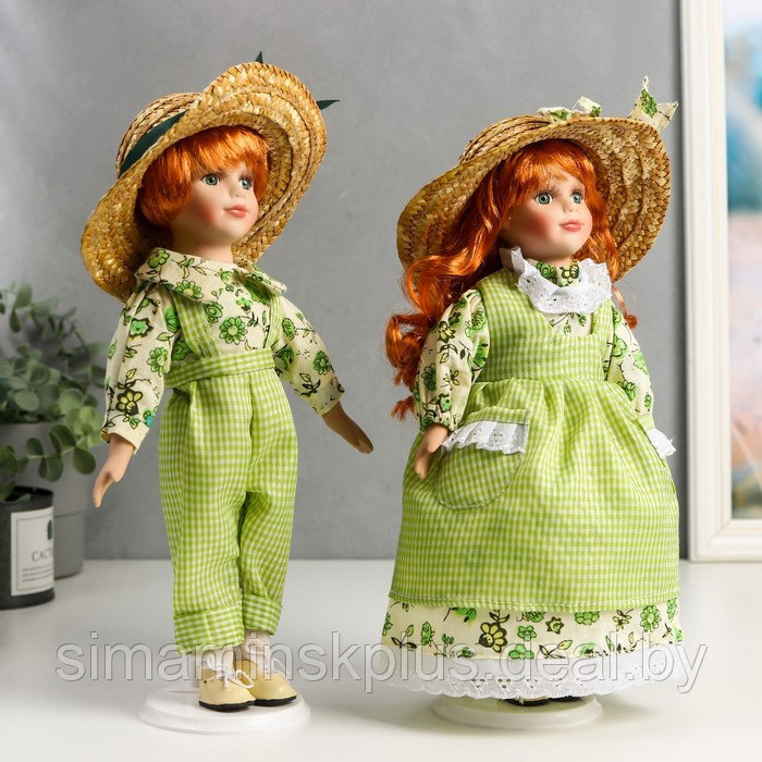 Кукла коллекционная парочка набор 2 шт "Таня и Ваня в ярко-зелёных нарядах в клетку" 30 см - фото 2 - id-p199006550