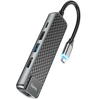 Type-C хаб Hoco HB23 Easy view (HDMI + USB3.0 + USB2.0 + RJ45 + PD) Серый