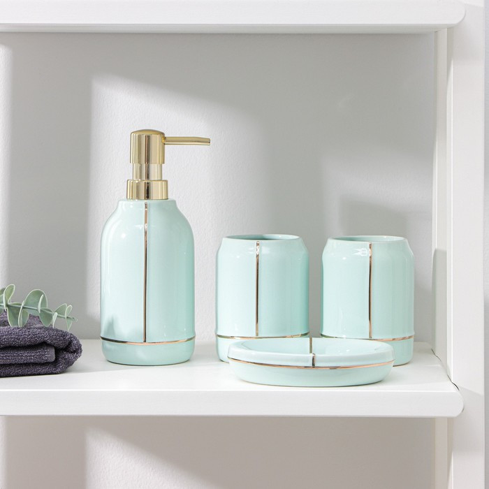 Набор аксессуаров для ванной комнаты «Лайн», 4 предмета (дозатор 400 мл, мыльница, 2 стакана), цвет зелёный - фото 1 - id-p199124035
