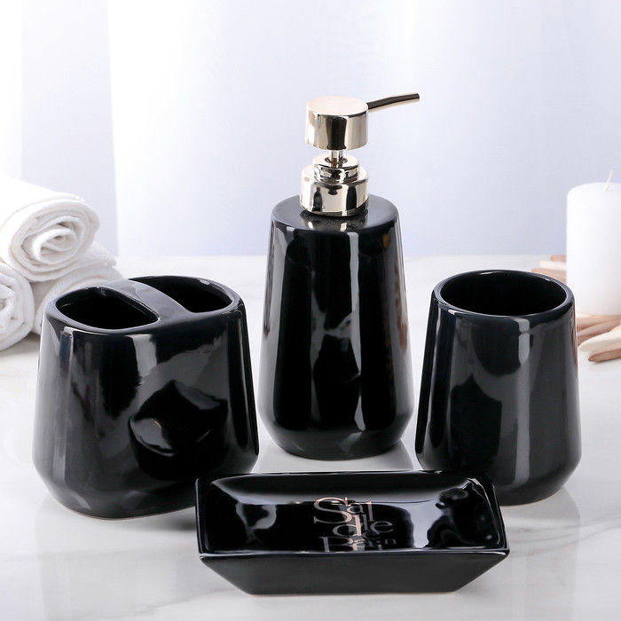 Набор аксессуаров для ванной комнаты Bonjour, 4 предмета (дозатор 400 мл, мыльница, 2 стакана), цвет чёрный - фото 4 - id-p199124062