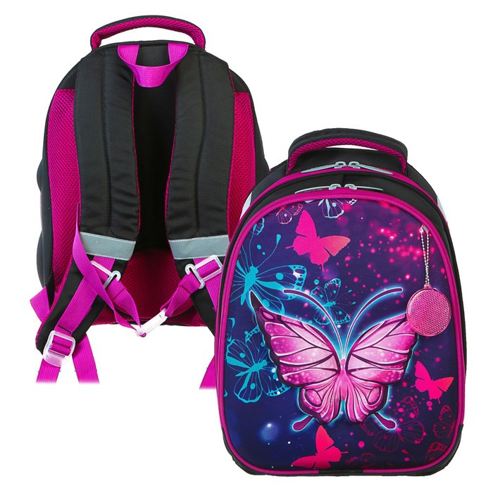 Рюкзак каркасный школьный, 38 х 30 х 16 см, 3D-рисунок, Calligrata Т "Неоновая бабочка", фиолетовый - фото 1 - id-p199136961