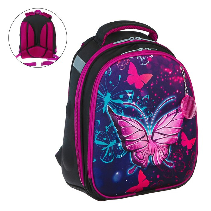 Рюкзак каркасный школьный, 38 х 30 х 16 см, 3D-рисунок, Calligrata Т "Неоновая бабочка", фиолетовый - фото 3 - id-p199136961