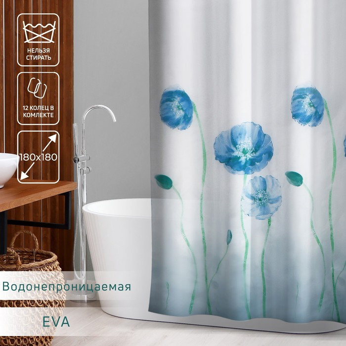 Штора для ванной Доляна «Синие маки», 180×180 см, EVA - фото 1 - id-p199124758