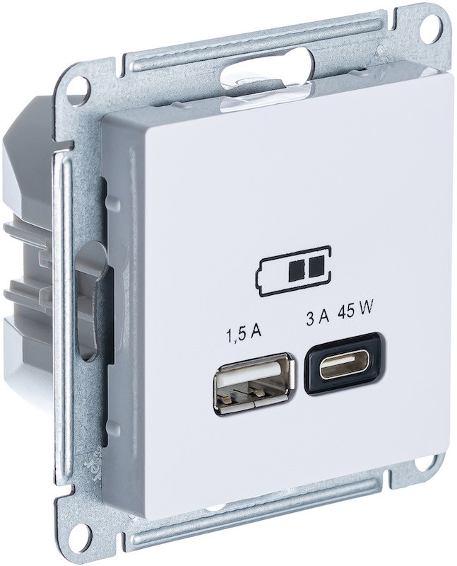 USB розетка A + тип-C 45W высокоскор.зарядка QC, PD, цвет Белый (Schneider Electric ATLAS DESIGN) - фото 1 - id-p199233211