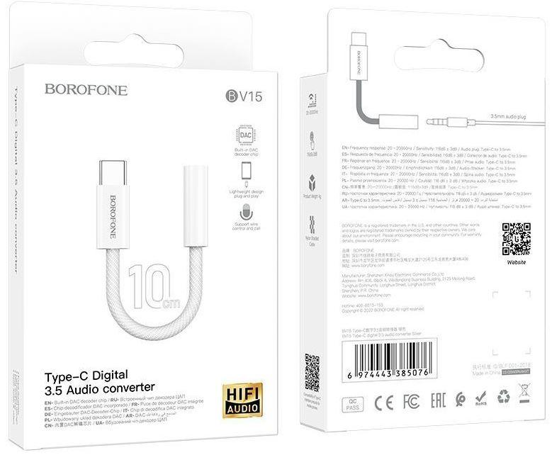 Адаптер Borofone BV15 Type-C на Jack 3.5 аудио, цвет: серебро