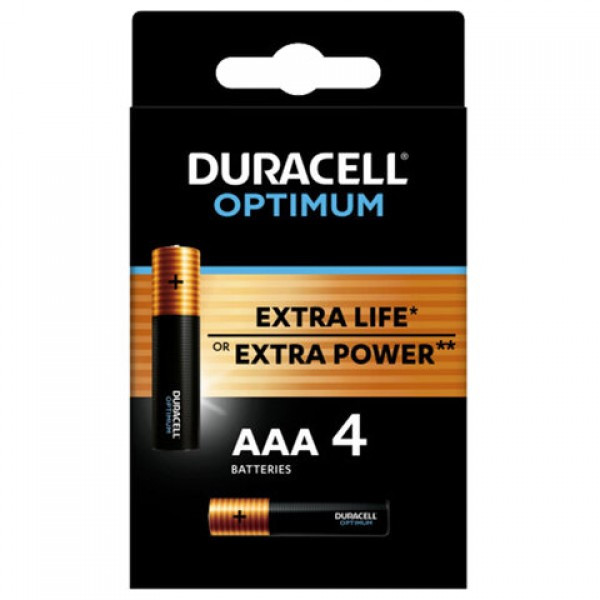 Батарейки КОМПЛЕКТ 4шт DURACELL Optimum AAA(LR03,24А), х30 мощность, алкалин мизинчиковые,(ш/к 8726)