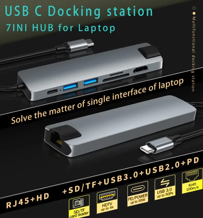 Адаптер HC-13 LC type С, 7 в 1 USB-концентратор, с функцией быстрой зарядки устройства чтения карт RJ 45 - фото 3 - id-p199244203