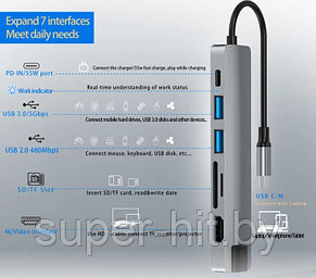 Адаптер HC-13 LC type С, 7 в 1 USB-концентратор, с функцией быстрой зарядки устройства чтения карт RJ 45, фото 3