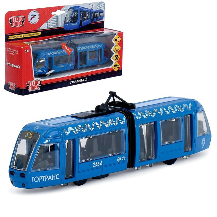Трамвай металлический с гармошкой 19 см, световые и звуковые эффекты, инерционный - фото 1 - id-p199292022
