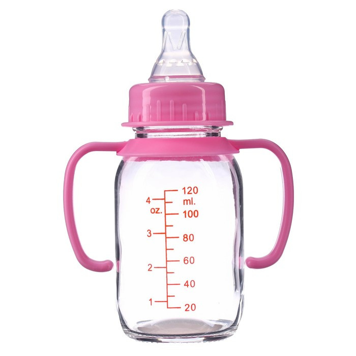 Бутылочка в силиконовом чехле, с ручками, стекло, 120 мл., цвет розовый - фото 4 - id-p199293826