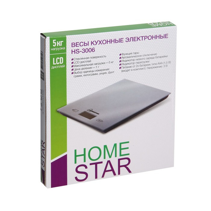 Весы кухонные HOMESTAR HS-3006, электронные, до 5 кг, серебристые - фото 6 - id-p199303445