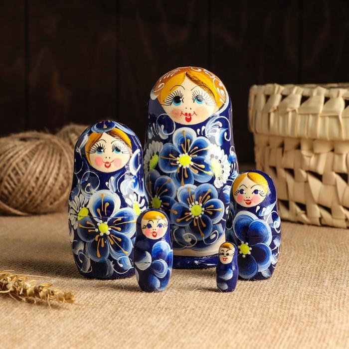 Матрёшка 5-ти кукольная "Нина" синяя , 13см, ручная роспись. - фото 1 - id-p199289435