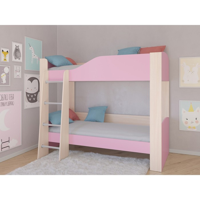 Детская двухъярусная кровать «Астра 2», без ящика, цвет дуб молочный / розовый - фото 1 - id-p199311303