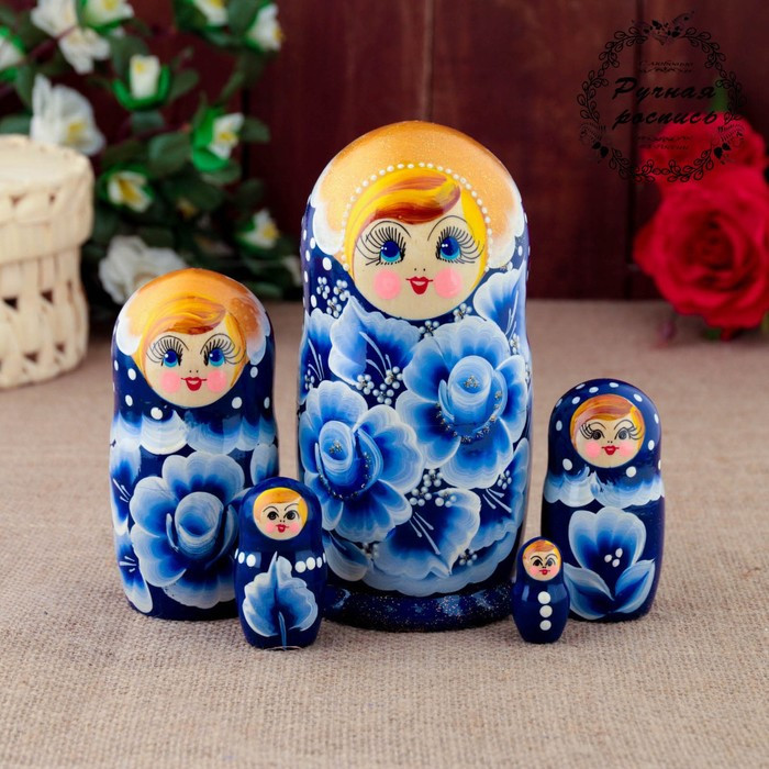 Матрёшка «Гжель», синее платье, 5 кукольная, 15 см - фото 1 - id-p199289459