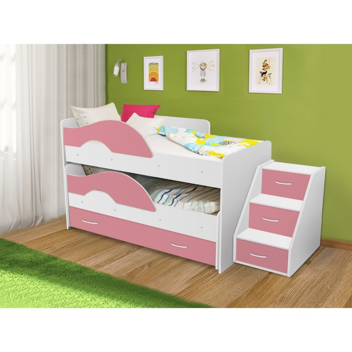 Кровать двухъярусная выкатная Матрешка Розовый/белый 800х1600 с ящиком и лестницей - фото 1 - id-p199311414