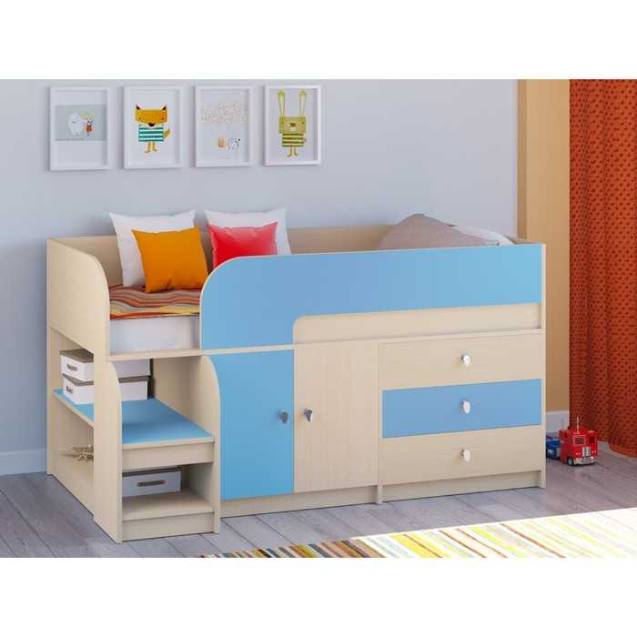Детская кровать-чердак «Астра 9 V1», цвет дуб молочный/голубой - фото 1 - id-p199311473