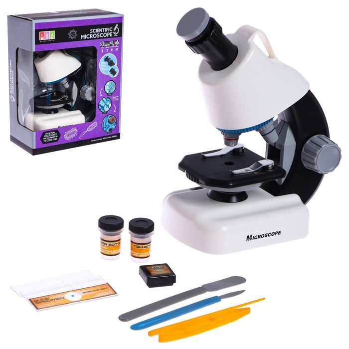 Микроскоп детский «Юный ученый» кратность х100, х400, х1200, подсветка, цвет белый - фото 1 - id-p199298300