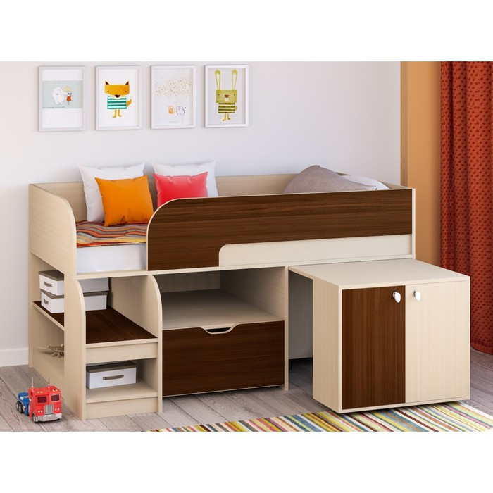 Детская кровать-чердак «Астра 9 V9», выдвижной стол, цвет дуб молочный/орех - фото 1 - id-p199311507
