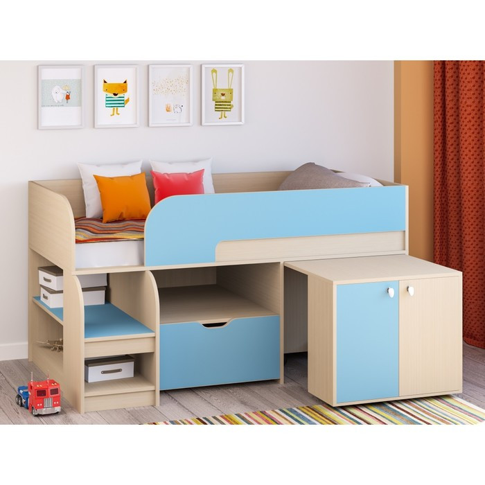 Детская кровать-чердак «Астра 9 V9», выдвижной стол, цвет дуб молочный/голубой - фото 1 - id-p199311514